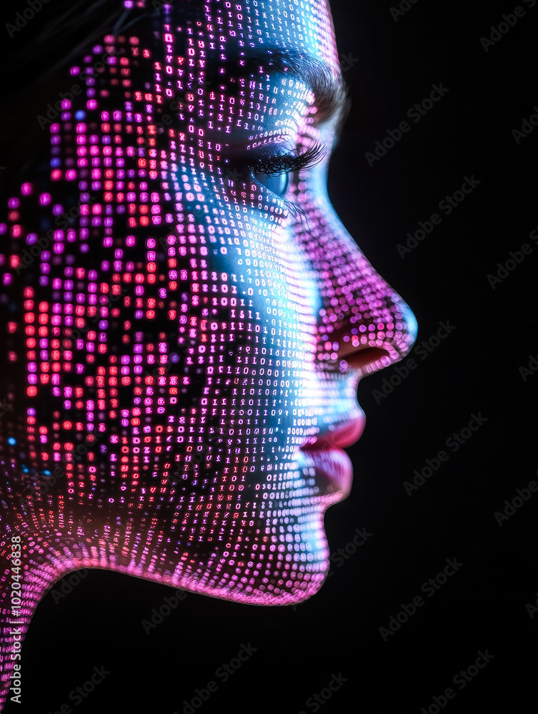 Poster profile of a face covered in vibrant binary code, symbolizing technology and digital identity amidst