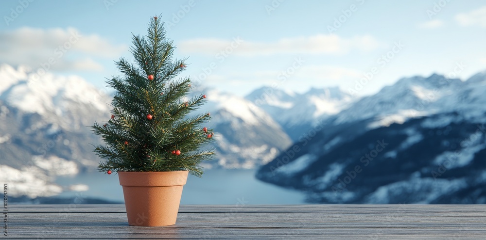 Aufkleber there is an empty wooden table on a white blurred window with snowy christmas trees in the forest ou