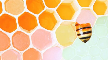 A bee in an orange beehive featuring a bee on the edge of one section featuring details of colorful abstract shapes.