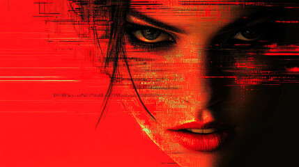Dynamic intense portrait in vibrant red hues, with digital glitch effects, capturing a sense of urgency and passion in expression.