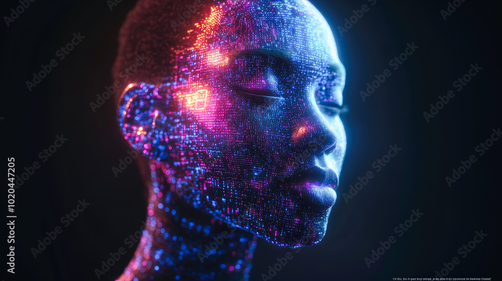 Poster a surreal image of a head in blue and pink digital glow, reflecting concepts of data and technologic