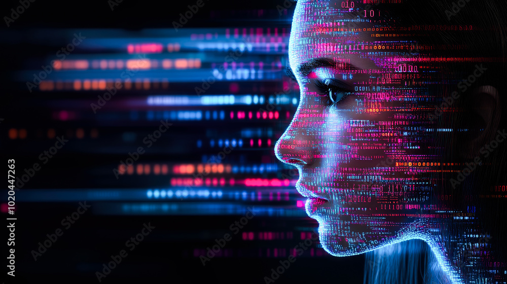 Poster profile of a face rendered with vibrant digital lines, capturing a sense of speed and futuristic tec