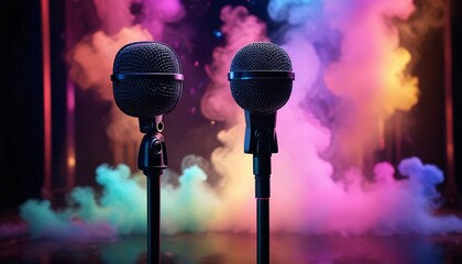 An atmospheric image of a microphone standing on an empty stage, surrounded by colorful smoke and shimmering lights, evoking a sense of mystery and excitement for the performers to come, Generative AI