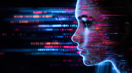 Profile of a face rendered with vibrant digital lines, capturing a sense of speed and futuristic technology elegance.