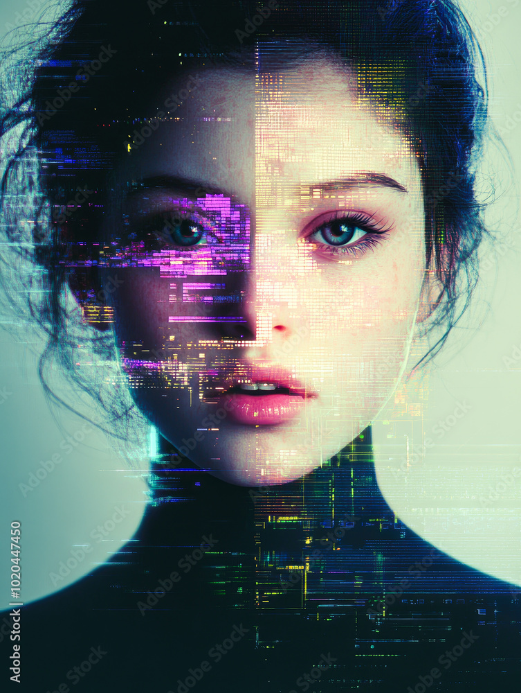 Poster a digital face split into two halves with glitch effects, symbolizing duality and technological iden