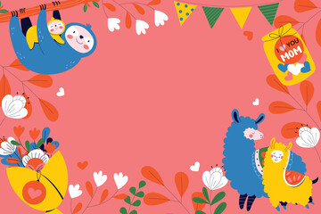 Cheerful Mother's Day Illustration with Sloth and Llamas