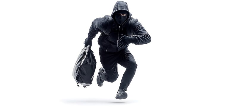 A masked man running with a bag in his hand, isolated on a white background.