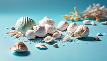 A refreshing scene featuring white seashells arranged on a calming pastel blue background, symbolizing the joys of summer holidays and the natural beauty of coastal living, Generative AI