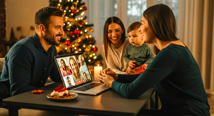 Virtual christmas celebration with family and friends amidst festive holiday decor