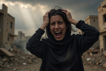 Desperate woman screams in grief against a backdrop of destroyed buildings.