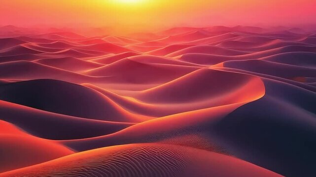  Smooth, flowing sand dunes resembling soft waves, illuminated by the warm glow of the setting sun