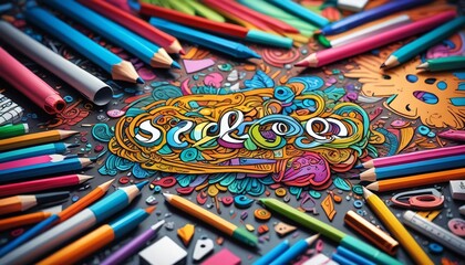 Obraz premium A bright back-to-school background showcasing a playful doodle-style design with vibrant colors and various school supplies, perfect for sparking creativity in students, Generative AI