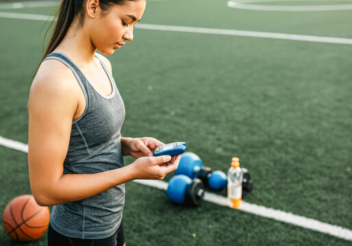 Young woman checking fitness tracker on sports field with equipment in background - Powered by Adobe