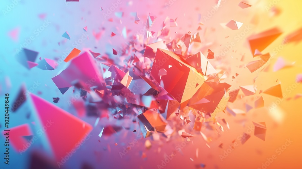 Poster colorful geometric shapes in motion creating a dynamic explosion against a bright gradient backgroun