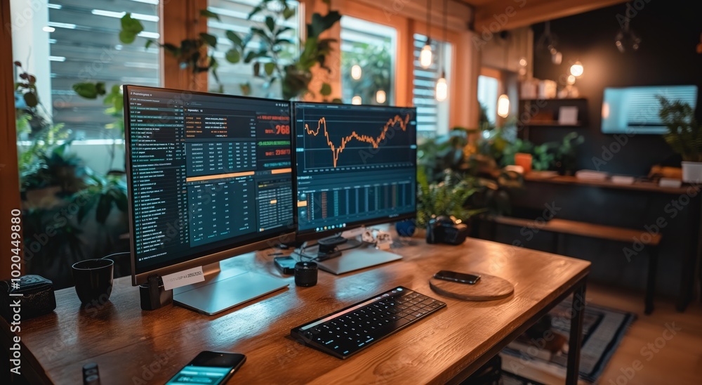 Poster stock market trader analyzing charts on multiple monitors at home office desk