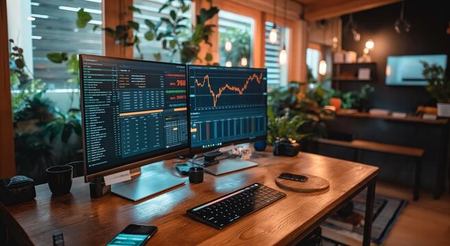 Stock market trader analyzing charts on multiple monitors at home office desk - Powered by Adobe