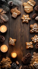 Fototapeta premium Festive gingerbread cookies on a rustic wooden table, decorated with icing, surrounded by candles and pinecones.