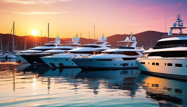 A vibrant sunset panorama of luxury yachts docked in a lively marina, showcasing the beauty of modern design and the allure of nautical adventures, perfect for sailing enthusiasts, Generative AI
