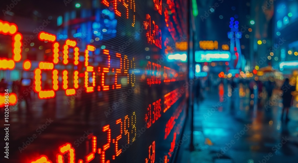 Poster stock market data display showing financial numbers changing up and down