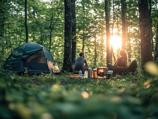 A cozy forest camping scene with travelers using biodegradable camping gear, a small solar-powered stove, and reusable water bottles, all set in a lush green forest to promote eco-friendly camping