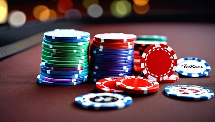 An enticing scene of poker chips scattered across a luxurious casino table, showcasing the allure of gambling and the strategic gameplay that defines the casino experience, Generative AI