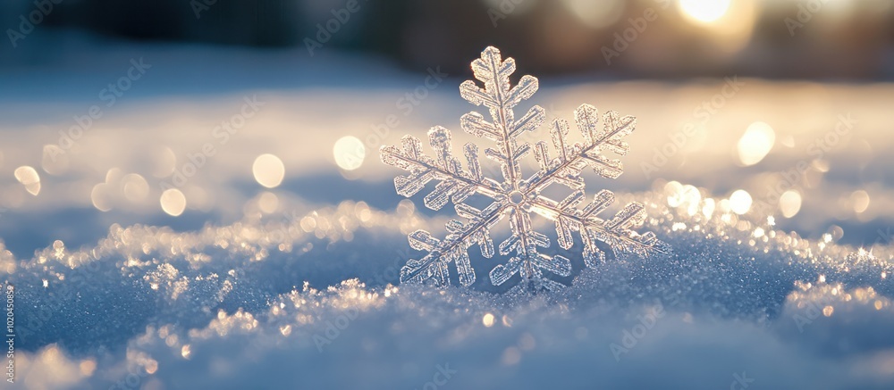 Aufkleber close-up of a snowflake in the snow, illuminated by the soft glow of the setting sun.