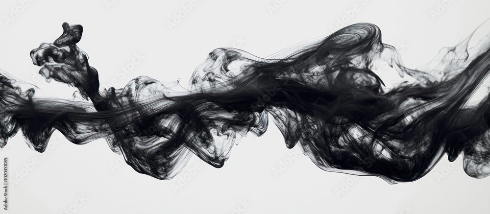 Poster abstract black ink flowing in water, creating swirling patterns and textures on a white background.