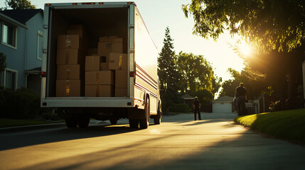 A large white moving truck parked in front of a suburban house, the back doors open to reveal stacks of neatly packed cardboard boxes and wooden furniture. Sunlight streams down, c