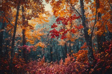 A cinematic view of a forest in autumn, with rich reds, oranges, and yellows creating a vibrant tapestry of colors, as fallen leaves gently drift down, evoking a warm and nostalgic atmosphere