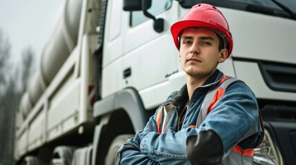 Fototapeta premium A man who is wearing a bright red hat is sitting in front of a large white truck