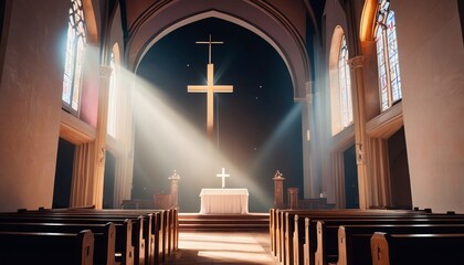 A captivating scene of a church with a prominent cross illuminated by rays of light, creating a sense of reverence and awe that reflects the core beliefs of Christianity, Generative AI