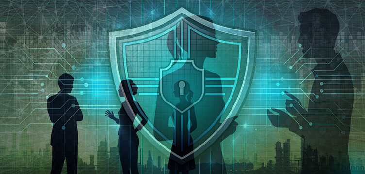Sicherheit und Cyber Security im global Business Umfeld - Unternehmen und Mitarbeiter - Schutz vor Spionage und Datenklau in der Wirtschaft - Technologie - Silhouetten von Personen