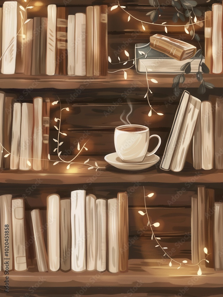 Poster a warm and inviting atmosphere showcases a cup of coffee beside a collection of books on a rustic sh
