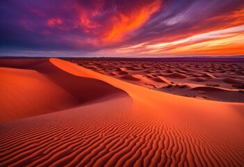Naklejka premium vivid sunset over expansive sand dune patterns capturing beauty palette striking colors textures, orange, pink, purple, blue, red, yellow, landscape