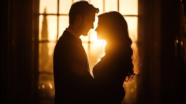 silhouette of a couple, framed by sunlight beaming through a window