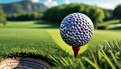 A stunning golf banner featuring a perfectly placed golf ball on a tee, set against a lush green landscape, embodying the spirit of the game and the beauty of nature, Generative AI