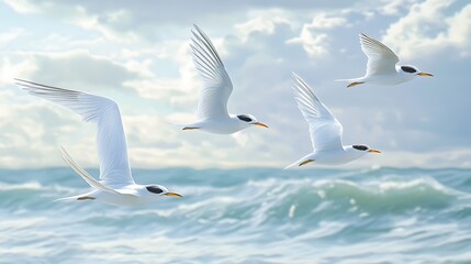Obraz premium Four white birds flying over ocean waves under a cloudy sky.