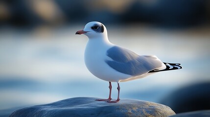 A seagull perched on a rock by the shore, captured in soft, natural lighting.