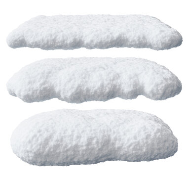 Realistic snow heaps, caps set on transparent background. Cut out snowy elements. Ideal for winter-themed designs, holiday graphics or seasonal decorations. Snow cover. Christmas, New year. 3D.