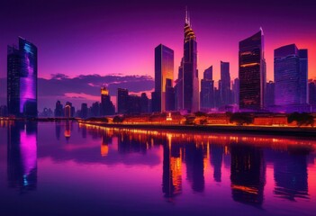 stunning urban city skyline dusk showcasing dramatic lights vibrant atmosphere, architecture, buildings, metropolis, towers, illumination, twilight, evening