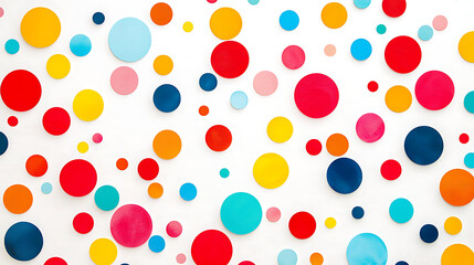 A vibrant polka dot pattern with a variety of bright colors, featuring bold circular shapes in shades of red, blue, orange, and yellow.