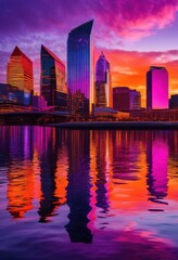 Fototapeta premium stunning vivid city skyline dusk brilliant reflections captivating eye highlighting modern architectural design elements, sunset, vibrant, buildings