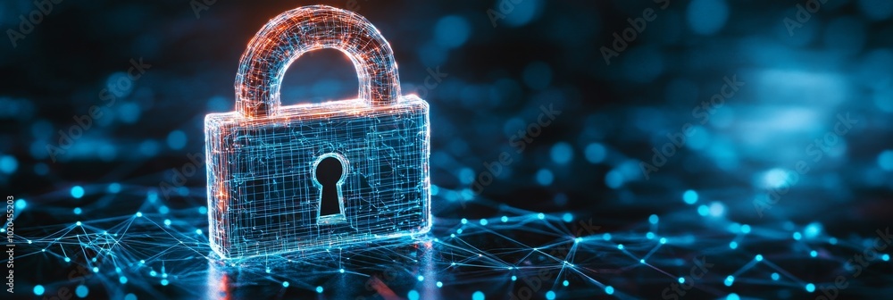 Poster Cybersecurity Network, Futuristic Digital Padlock Symbolizing Data Encryption and Cybersecurity.