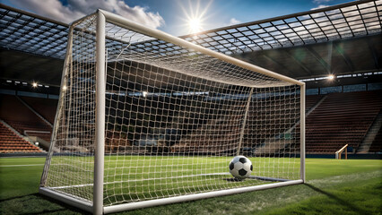 A soccer ball sits in front of an empty soccer goal.**