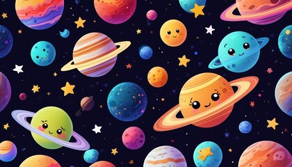An adorable seamless design with playful planets and twinkling stars, perfect for children's products, capturing the wonder of the cosmos in vibrant colors, Generative AI
