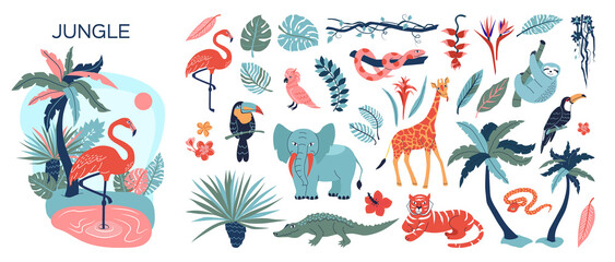Colorful Jungle Animals and Plants Illustration