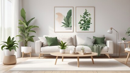 Bright and Airy Scandinavian Living Room: White Sofa, Light Wood Coffee Table, Neutral Rug, Green Plants, Abstract Art, and Natural Light Through Sheer Curtains – Minimalist, Interior Design