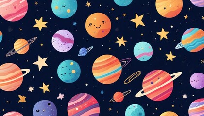 A whimsical seamless design with charming planets and glittering stars, perfect for kids' stationery and crafts, bringing a touch of magic to creative projects, Generative AI