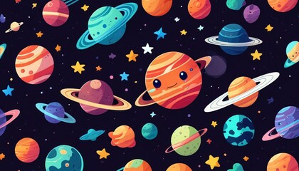 A playful seamless design showcasing cartoon-style planets and stars, perfect for kids' bedtime stories and illustrations, creating a cozy cosmic atmosphere, Generative AI