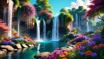 A breathtaking paradise landscape with exquisite gardens, shimmering waterfalls, and colorful flowers, presenting a magical and idyllic view inspired by Eden's charm, Generative AI